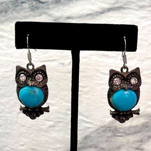 Owl faux turquoise and rhinestone earrings